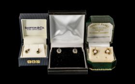 A Trio of 9ct Gold Stone Set Pairs of Earrings ( 3 ) In Total. Set with Diamond, Sapphires, Pearls