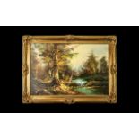 Oil Painting on Canvas depicting a river and forest scene; in gilt swept frame, with signature J