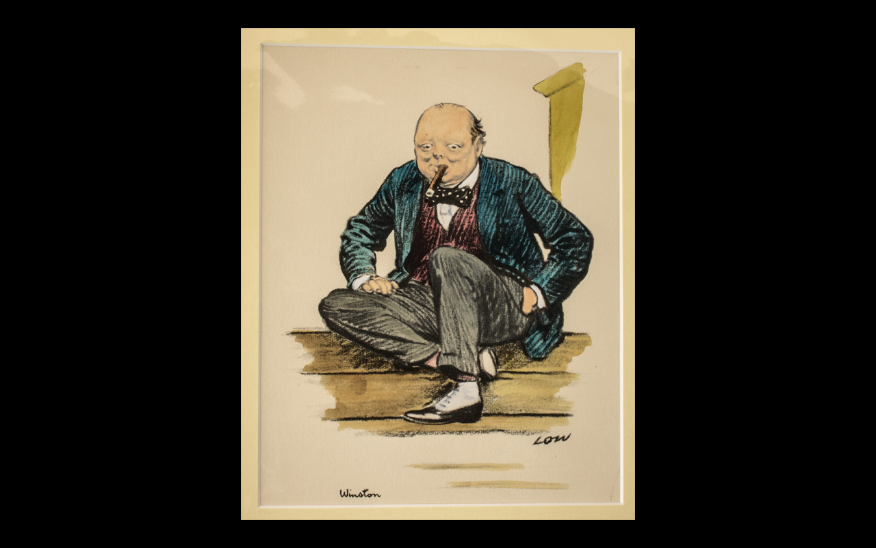 David Low - Sir Winston Churchill 1933 Coloured Engraving original print caricature in clean