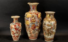 Three Japanese 19th Century Satsuma Style Pottery Vases. Decorated with scenes and figures of