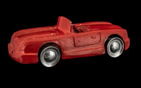 Scratch Built Model of Art Deco Car. Metal model of Deco car, red colour with chrome wheels. 9.5''