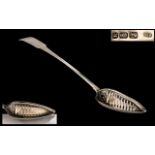 Irish Silver Interest. George III Large Size Sterling Silver Gravy Straining Spoon - In the Fiddle