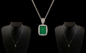 Ladies Superb Quality Contemporary 18ct White Gold Diamond and Emerald Set Pendant Drop - With