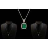 Ladies Superb Quality Contemporary 18ct White Gold Diamond and Emerald Set Pendant Drop - With