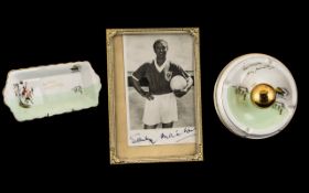 Football Interest. Stanley Mathews Signed Picture, Signed Plate and Signed Ash Tray. ( 3 ) Signed