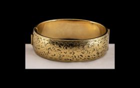 9ct Gold Bangle and Metal Core, Lovely Floral Decoration with Hinged Clasp. Large Size - Diameter