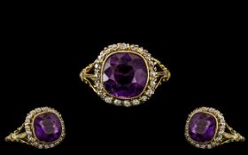 Antique Period - Lovely Top Quality 18ct Gold Diamond and Amethyst Set Dress Ring In Superb