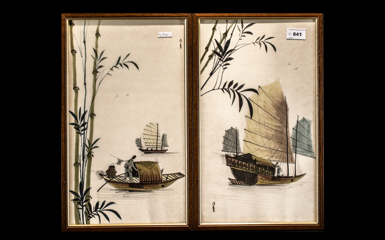 Pair of Oriental Handpainted on Silk Pictures, framed behind glass, each measures 17'' x 10''.