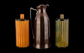 Art Deco Bakelite Thermos Flask, plus a pair of ribbed, shaped, lidded vases, 6.5 inches (16.