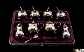 Edwardian Period Sterling Silver 12 Piece Cruet Set. Comprises 4 Salts and Spoons, 2 Lidded