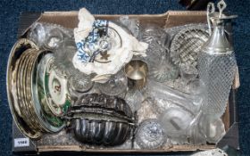 A Box of Assorted Glassware & Pottery, including glass pot with lid and gold leaf pattern, decanters