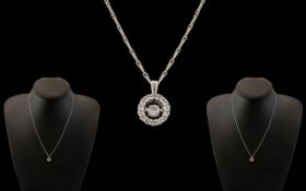 Ladies - Excellent Quality 9ct White Gold Diamond Set Halo Pendant, Attached to a 9ct White Gold