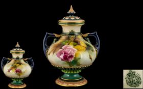 Royal Worcester - Hadley Hand Painted Twin Handle Porcelain Lidded Bulbous Vase, Decorated with