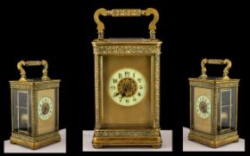 French 19th Century - Superior Large Brass Carriage Clock with Cast Ornate Borders, Visible Lever