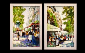 Pair of Prints on Canvas highlighted in oils by E Anthony Orme, depicting French street scenes,
