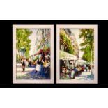 Pair of Prints on Canvas highlighted in oils by E Anthony Orme, depicting French street scenes,