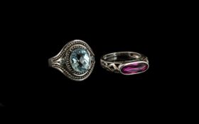 Two Sterling Silver Rings - Swiss Topaz, London Blue Colour Size Q, and pink oval stone silver