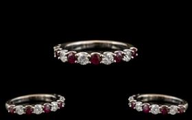 Ladies - Attractive Contemporary Designed 9ct White Gold Diamond and Ruby Set Half - Eternity