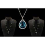 18ct White Gold - Excellent Quality Diamond and Aquamarine Set Pear Shaped Pendant - Attached to a