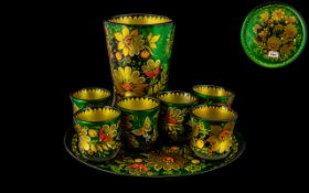 Wood Lacquer Tray with six tumblers and a pot, painted in green and yellow floral and butterfly