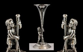 Antique Solid Silver Continental Vase. Superb quality silver tulip vase, depicting putti holding