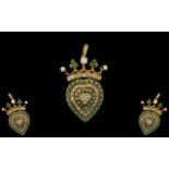 Antique Period Superb 18ct Gold Triple Heart Shaped Brooch - Pendant, Set with Diamonds, Emerald and