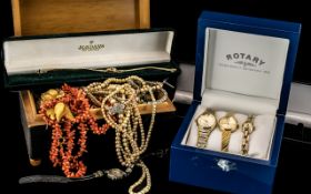 Collection Of Costume Jewellery To Include Ladies Silver Wristwatch, Coral Necklace, Beads, Gilt