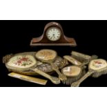 Small Mahogany Mantel Clock by Scanlan Preston, plus an eight piece, ladies dressing table set