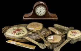 Small Mahogany Mantel Clock by Scanlan Preston, plus an eight piece, ladies dressing table set