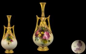 Royal Worcester Excellent Quality - Signed and Hand Painted Twin Handle Specimen Vase ' Roses '