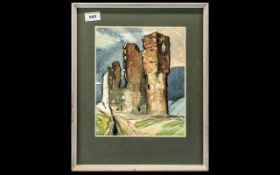 Abstract Watercolour of a Castle, well executed, contemporary watercolour of castle ruins,