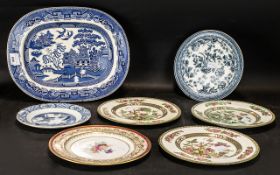 Large Antique Staffordshire Blue and White Willow Pattern Meat Plate with a selection of six