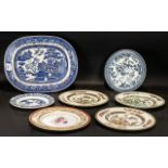 Large Antique Staffordshire Blue and White Willow Pattern Meat Plate with a selection of six