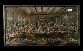 Large Bronzed Metal Plaque 'The Last Supper' measures 26'' x 14'' with wall hanging attachment.