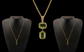 Ladies - Attractive 9ct Gold Peridot Set Pendant Drop ( Double ) With Attached 9ct Gold Long Fancy