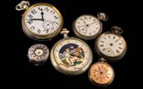 Collection of Pocket Watches, some unusual ones, to include silver; all need attention, six in total