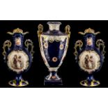 A Set of Three Staffordshire Vases, of shaped form, depicting courting scenes on blue ground, as
