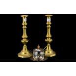 Pair of Victorian Brass Candlesticks, 12 inches (30cms) high, plus a silver plated preserve pot on