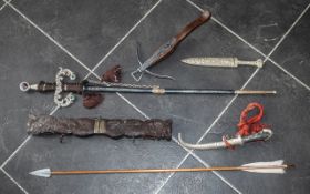 Collection of Decorative Weaponry comprising daggers, swords, crossbow, arrows etc.; display