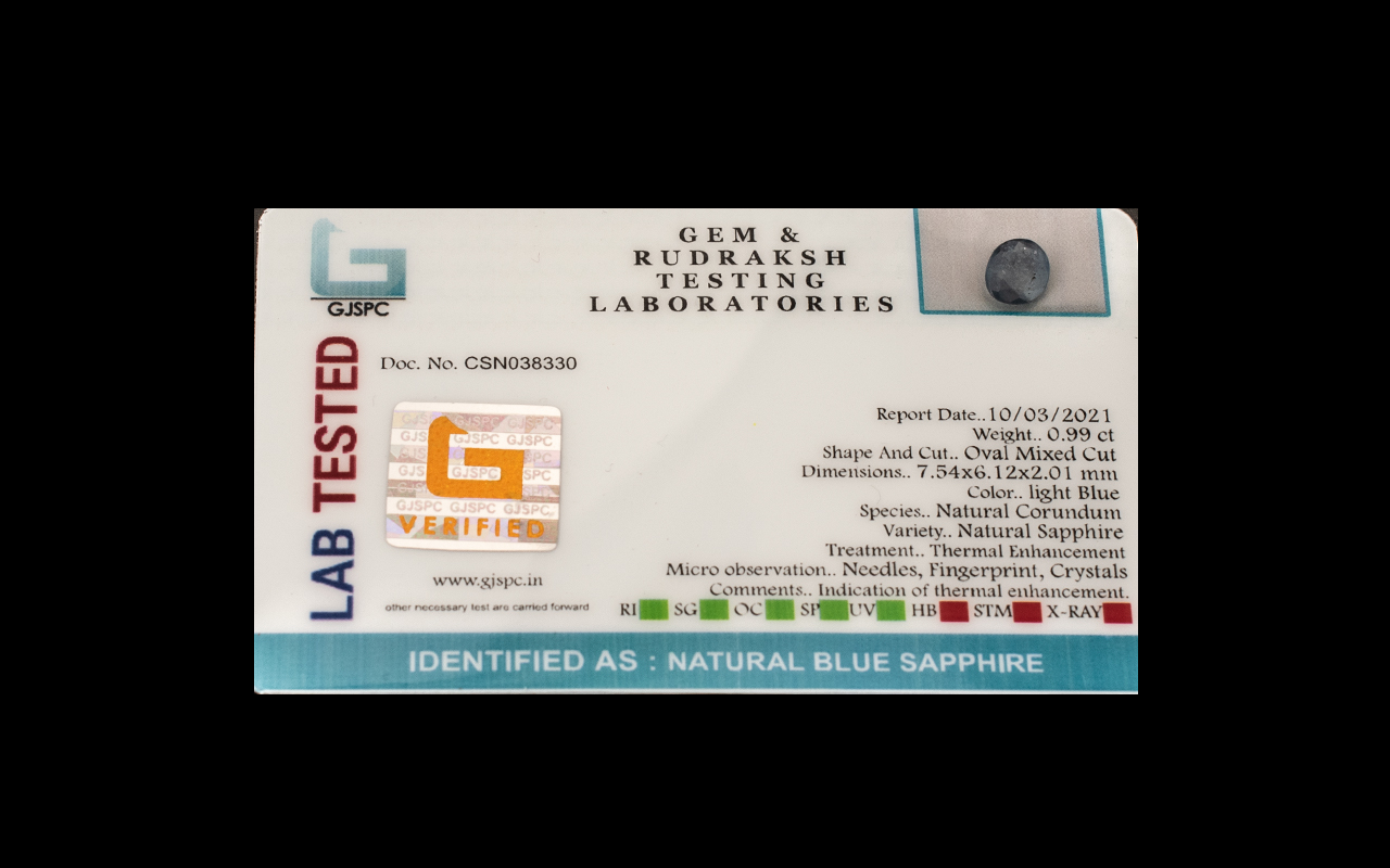 0.99 Ct Natural Blue Sapphire. GJSPC Certified