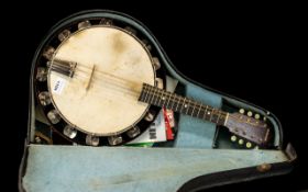 British Made 8 String Banjo / Mandolin Stamped H5 in a mahogany stained frame, in original black