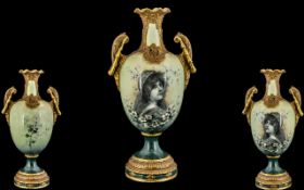 Austrian - Amphora Late 19th Century Superb Hand Painted Twin Handle Vase, The Central Section of