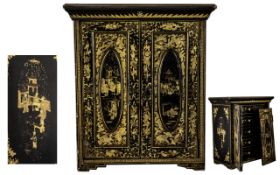 Chinese Export Black Lacquered Table Cabinet, fitted with five drawers to the interior, raised on