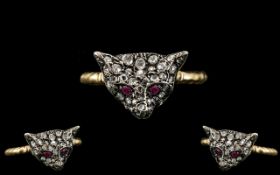 Georgian - Novelty 18ct Gold Fox Head Ring ( Set with Diamonds and Rubies ) From the Georgian