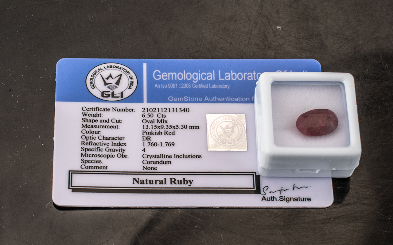 6.5 Ct Pinkish Red Natural Ruby. GLI Certified