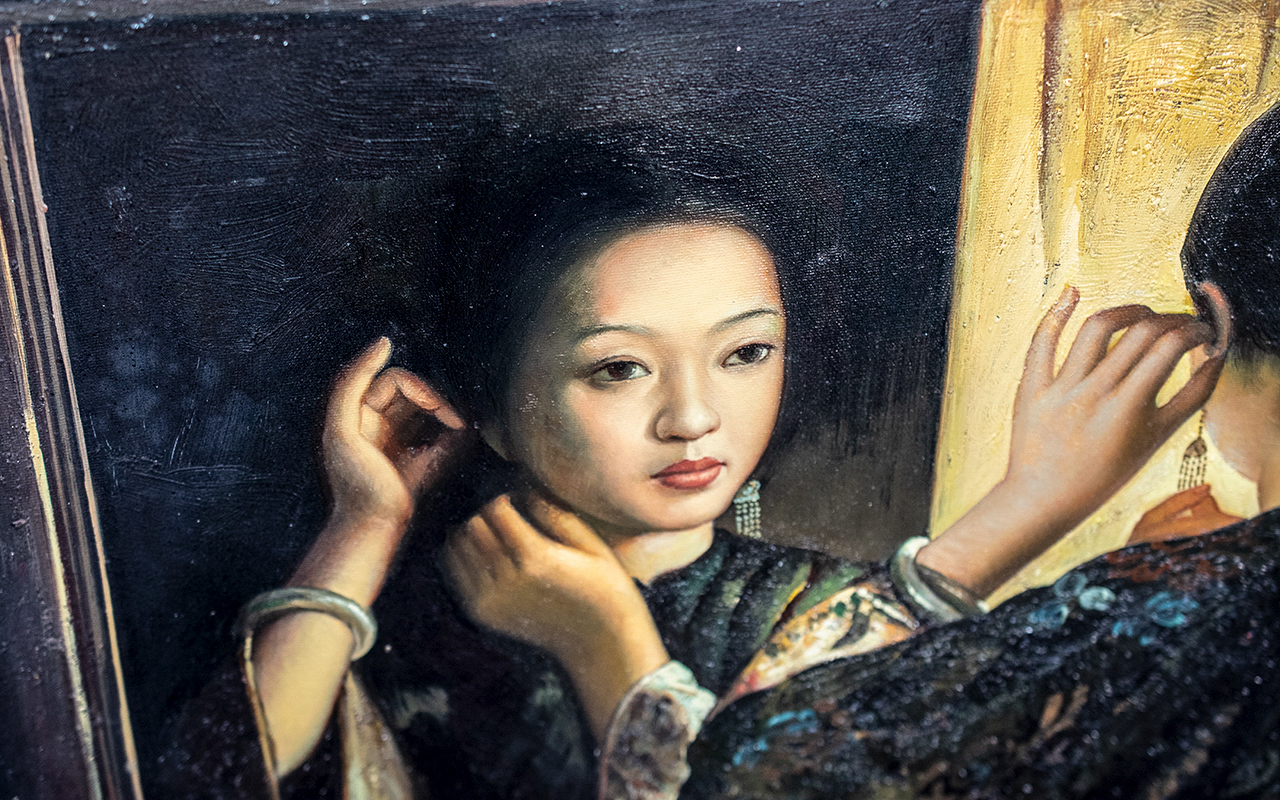 Chinese 20thC Oil Painting on Canvas of the finest quality depicting a beautiful Chinese girl - Bild 2 aus 2