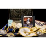 Lancashire West Lodge Masonic Regalia comprising sashes, aprons, medals, badges, three painted