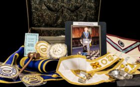 Lancashire West Lodge Masonic Regalia comprising sashes, aprons, medals, badges, three painted