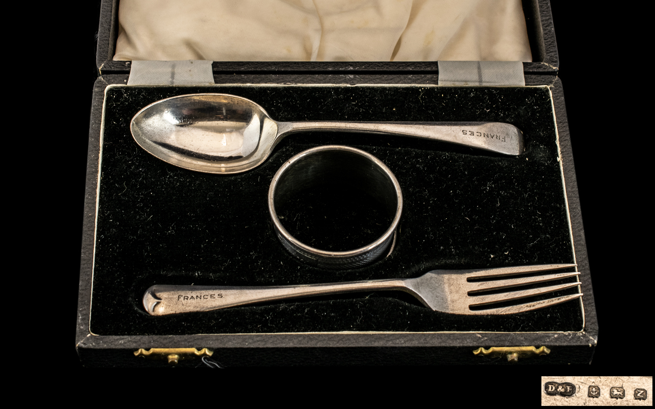 Art Deco Boxed Silver Christening Set comprising silver spoon, fork and napkin ring, dated