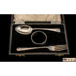 Art Deco Boxed Silver Christening Set comprising silver spoon, fork and napkin ring, dated